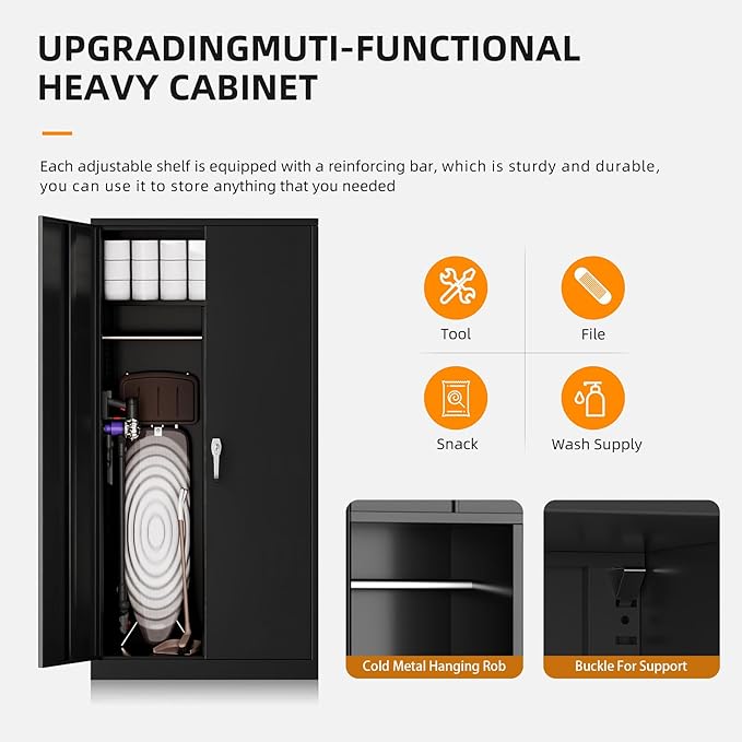 INTERGREAT Metal Storage Cabinet with Lock,Storage Wardrobe Cabinets with 4 Adjustable Shelves and Hanging Rod,Black Wardrobe Cabinet with Lockable Doors for Home Office,Warehouse,Garage