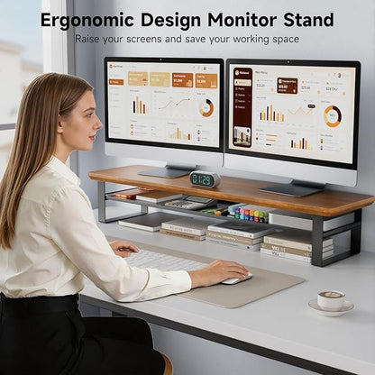 Dual Monitor Stand, 35.4 Inch Monitor Stand Riser for 2 Monitors, 2 Tiers Wood Desk Shelf with Storage, Desktop Organizer Stand for Computer, Laptop, Printer, TV (Walnut, 35.4in)