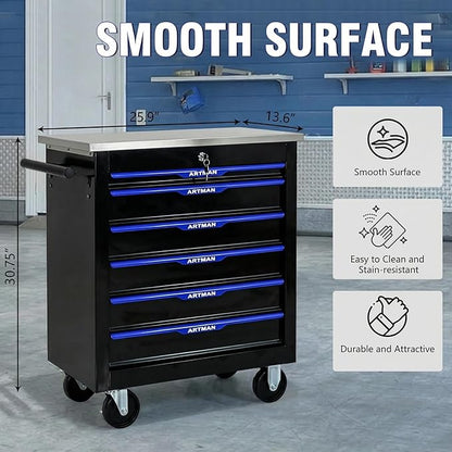 7-Drawer Rolling Tool Chest with Stainless Steel Worktop,Tool Chest with Secure Locking System,Mobile Storage Tool Cabinet with 360°Wheels and Padded Feet,for Home,Garage (Black+Blue)