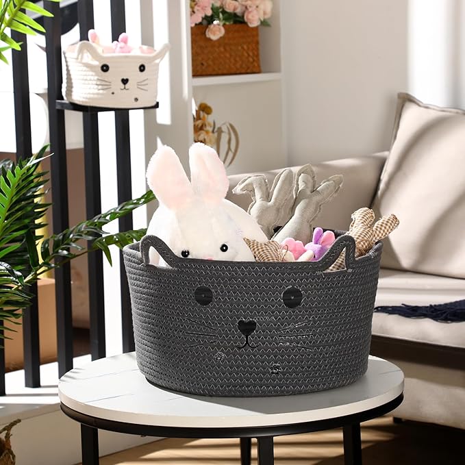 Zopeal Cat Basket Storage Woven Organizer with Ears Easter Decorative Gift Pet Toy Cute Cotton Rope Basket for Gift Cat Dog Toy Bin Nursery Room(13.7 x 7.8 Inch,Dark Grey)