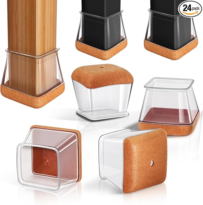24 Pcs Chair Leg Floor Protectors Square, Silicone Chair Leg Protectors Caps Covers for Hardwood Floors, Furniture Pads Sliders with Wrapped Felt Bottom Large (Fit:1-1/8"~1-1/2")