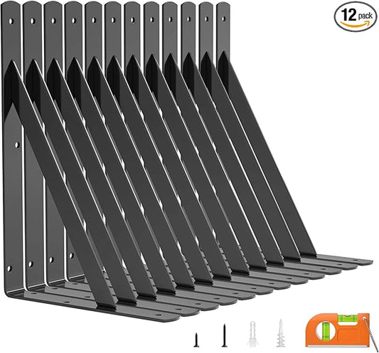 LuckIn 12 Inch Heavy Duty Shelf Bracket, Wall Shelf Brackets, 90 Degree Bracket, 250 LBS Max Load, Mounting Hardware Include, Black, 12-Pack