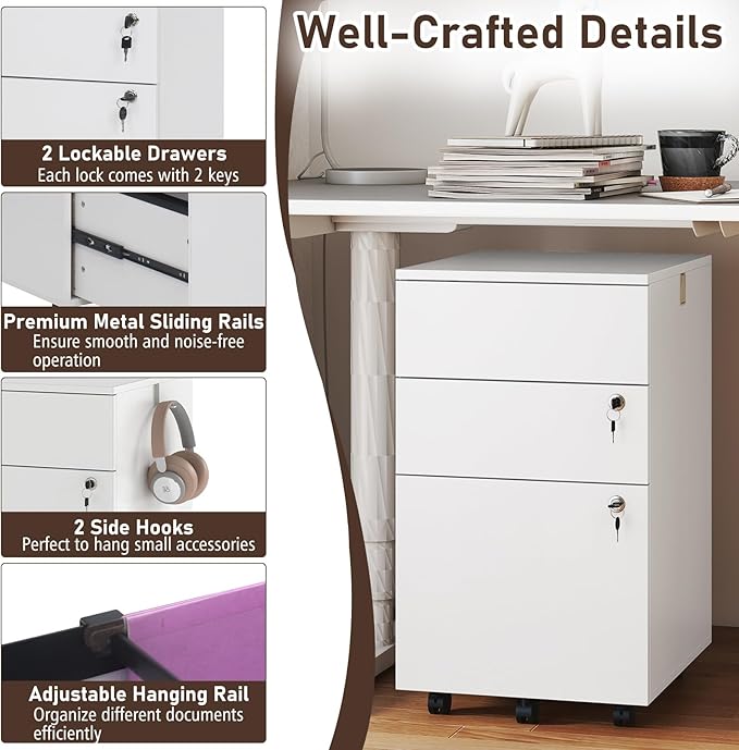 Giantex 3-Drawer File Cabinet with Lock, 27-Inches Storage Cabinet with 2 Side Hooks, Mobile Printer Stand, Wheels, 4 Keys, Vertical Filing Organizer fits Letter/A4 Size for Home Office (White)