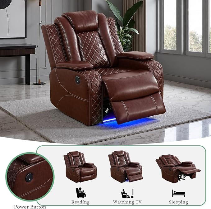Power Reclining Sofa Set, Leather Recliner, Brown Sectional Power Recliner Living Room Furniture Sets with LED Light, Leather Chair for Living Room Sofa Set for Bedroom/Home/Office