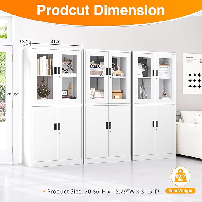 Metal Storage Cabinet with Glass Doors, Lockable Office Cabinet, Tall Steel Locker with Adjustable Shelves for Home Office,School, Kitchen and Hospital (White)