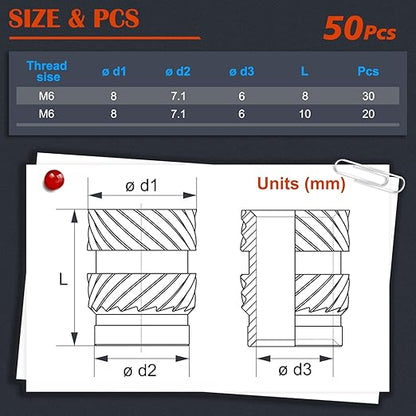 50Pcs M6 Threaded Inserts, M6 Female Thread Metric Knurled Nuts Assortment Kit, Brass Heat Set Insert for Plastic and 3D Printing Components (M6x8x8, M6x10x8)