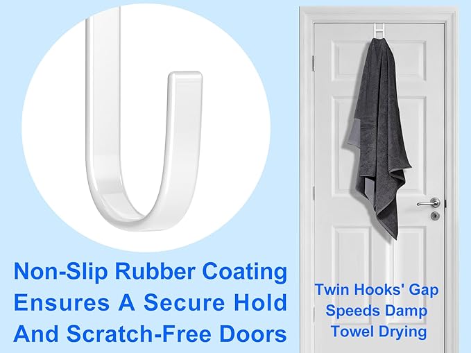 Over the Door Twin Metal Hooks with Plastic Coating 5.5" Fit 0.5" to 1 3/8" Door 2 Sets Heavy Duty Towel Robe Rack Wreath Bathroom Shower Hanger Shoe Organizer Ironing Board Short White