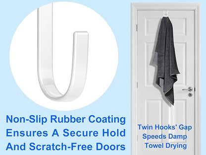 Over the Door Twin Metal Hooks with Plastic Coating 5.5" Fit 0.5" to 1 3/8" Door 2 Sets Heavy Duty Towel Robe Rack Wreath Bathroom Shower Hanger Shoe Organizer Ironing Board Short White