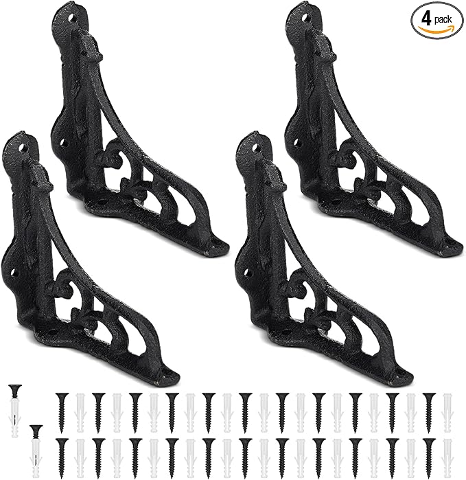 4 Pack 4-1/8 x 3-5/8 Black Antique Shelf Brackets Decorative L Cast Iron Shelf Bracket Brace Heavy Duty Wall Mounted Floating Rustic Vintage Baroque for Farmhouse DIY