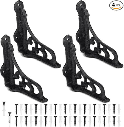 4 Pack 4-1/8 x 3-5/8 Black Antique Shelf Brackets Decorative L Cast Iron Shelf Bracket Brace Heavy Duty Wall Mounted Floating Rustic Vintage Baroque for Farmhouse DIY