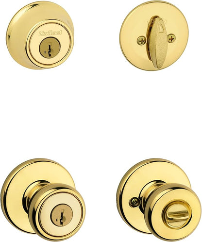 Kwikset Tylo Front Door Lock Handle and Deadbolt Set, Entry Handleset Exterior with Interior Door Knob, Polished Brass, Pick Resistant SmartKey Rekey Deadbolt Security