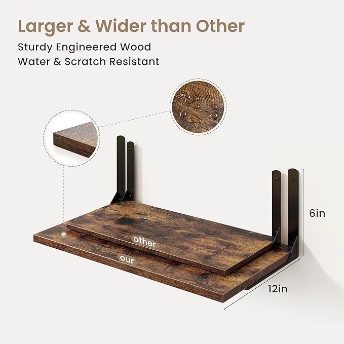 Fun Memories Rustic Brown 12 Inch Deep Floating Shelves Set of 2, Wall Mounted Shelf with Metal Brackets, Rustic Wood Wall Shelf for Bathroom, Kitchen and Living Room, Rustic Brown, 48W x 12D