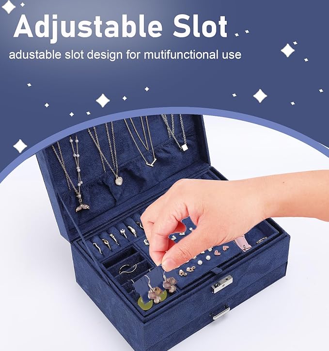 Jewelry Organizer Box for Women Girls, VintageJewelry Box 3-Tier Jewelry Display Case and Organizer,Lockable Jewelry Display Case Anti Tarnish,Varying Compartments for Bracelets, Rings (Blue)