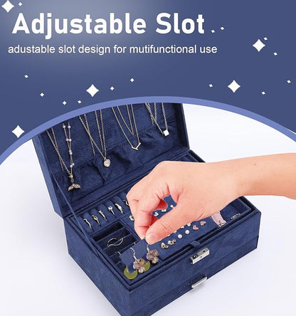 Jewelry Organizer Box for Women Girls, VintageJewelry Box 3-Tier Jewelry Display Case and Organizer,Lockable Jewelry Display Case Anti Tarnish,Varying Compartments for Bracelets, Rings (Blue)