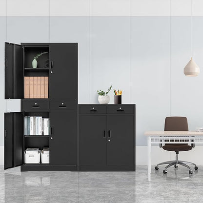 CMY Metal Storage Cabinet, 71" H x 32" W x 16" D Locking Storage Cabinet with Adjustable Shelves and 2 Drawers, Steel Cabinets for Office, Garage, Home, School, Utility Room(Black)