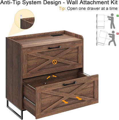 File Cabinet 2 Drawers Lateral File Cabinet with Charging Station for Letter/Legal/A4 Size Hanging Files, Large Wood File Storage Cabinets Printer Stand for Home Office, Dark Walnut