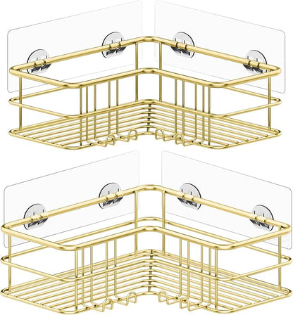 Menbyci 2 Pack Corner Shower Caddy, Adhesive Bathroom Shelf with 8 Hooks, Rustproof Stainless Steel Bathroom Organizer, No Drilling Shower Shelves Basket Wall Storage Rack Shampoo Holder (Gold)