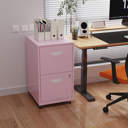 2 Drawer Rolling File Cabinet on Wheels, Mobile Two Drawer Filing Cabinet with Lock, Small Files Cabinets for Under Desk, Metal Filing Cabinets for Letter Size Folders, Pink - Assembly Required
