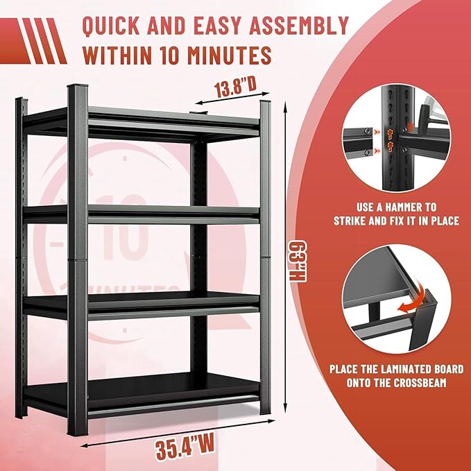 Metal Garage Shelving Unit,Heavy Duty 4-Tier Adjustable Storage Shelves,3000 lbs Capacity,Industrial Shelves for Heavy Tools and Equipment,for Garage,Basement (Black, 35.4" Wx13.8 Dx63 H)