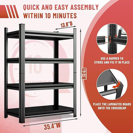 Metal Garage Shelving Unit,Heavy Duty 4-Tier Adjustable Storage Shelves,3000 lbs Capacity,Industrial Shelves for Heavy Tools and Equipment,for Garage,Basement (Black, 35.4" Wx13.8 Dx63 H)