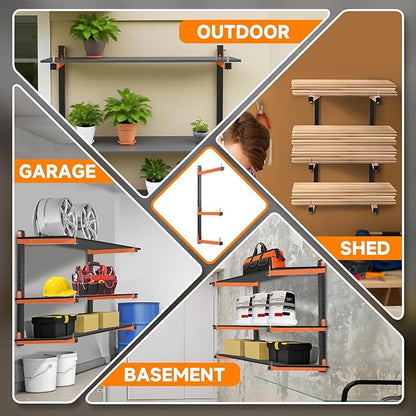 4 Pack Lumber Rack Wall Mount, Heavy Duty Wood Storage Racks, 6-Level System Organizer Shelving, 720 LBS Capacity Hanging Garage Shelves, Orange Brackets Utility Metal Shelf for Indoor and Outdoor