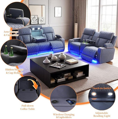 Living Room Furniture Sets, Power Reclining Sofa and Lovseat Set with Reading Light, Matte Leather Recliner Couch Sets, Power Recliner Sofa with LED Storage/Cup Holder for Home/Apt/Office