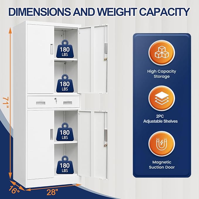 BESFUR Metal Garage Storage Cabinet with a Drawer Locking Doors and 2 Adjustable Shelves, White Tall Storage Cabinets, Tool File Lockable Cabinet for Garage Office Warehouse Shop(71”H)