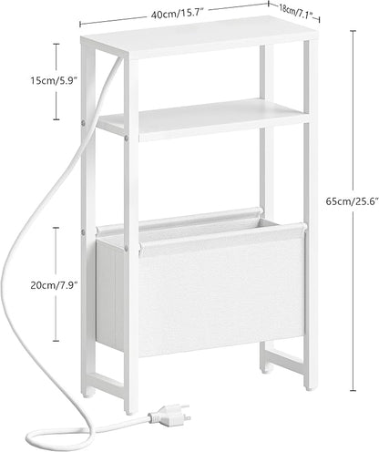Narrow Side Table with Charging Station Slim End Table Sofa with Magazine Rack, Bedside Table for Small Spaces, 3 Tier Nightstand for Living Room Couch, Bedroom White LET503WE