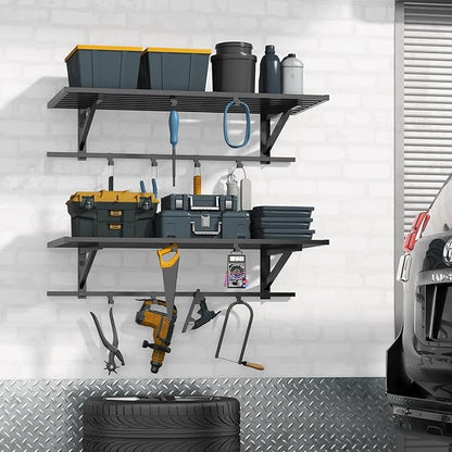 2-Pack 2x4ft Garage Shelving Wall Mounted, Heavy Duty Garage Storage Shelves with 12 Hooks, 2' x 4' Wall Mount Shelves with 500LBS Capacaity