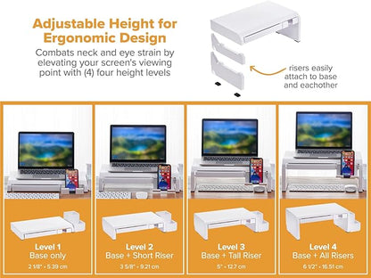 Bostitch Konnect Adjustable Monitor Riser with Drawer, Cell Phone Stand & Pencil Holder, Laptop Stand for Desk, 4 Height Levels, Cable Management & Rubber Feet