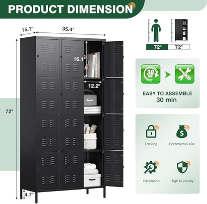 Letaya Metal Lockers for Employees-12 Door Storage Locker with Shelves and Lockable Steel Cabinet for School,Gym,Office,Staff (Black, 12 Door)