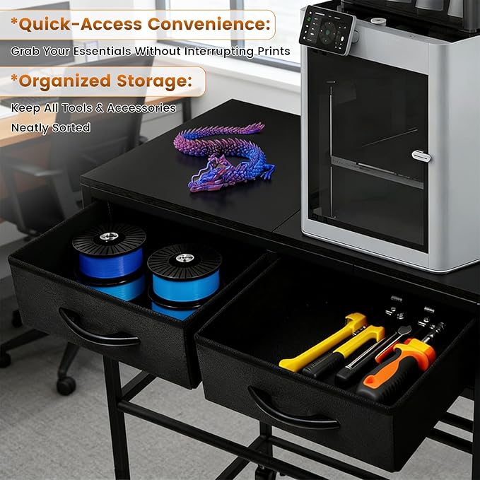 3D Printer Filament Storage Shelf with Drawers& Wheels, Black 2-Tier 3D Printer Filament Metal Stand with Storage, Adjustable Filaments Organzied Rack for Workshop Studio Office, 4 Leveling Feet