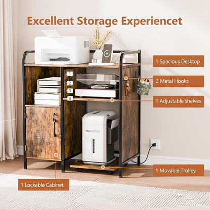 VINGLI Multifunctional Printer Stand with Trolley, Paper Shredder Stand Rack with Wheels, Lateral Office Storage Cabinets with Socket and USB Charging Port, Open Shelves for Home Office (Rustic Brown)