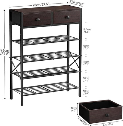 Shoe Rack for Entryway, 5 Tier Shoe Organizer with 2 Non-Woven Drawers, Metal Storage Shoe Shelf for 16-20 Pairs of Shoes, with Wooden Top and Steel Frame, Shoe Stand for Closet Dark Brown