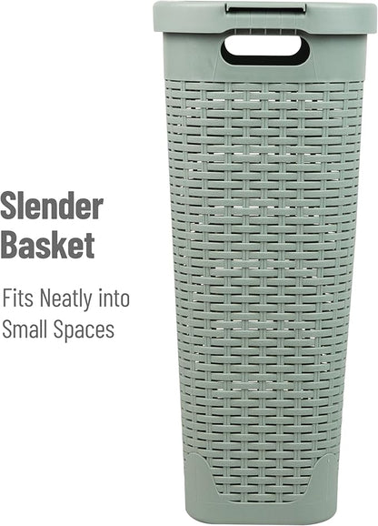 Mind Reader Slim Laundry Hamper with Lid, 40L Clothes Basket, Premium Wicker Design, Plastic, Mint