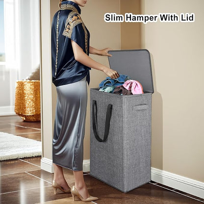 Odonata 75L Slim Laundry Hamper with Lid,Large Foldable Laundry Basket with Removable Bag and Handles Tall Collapsible Dirty Clothes Basket Great for Bedroom, Bathroom, Dorm, College,RV. (Grey, 75L)