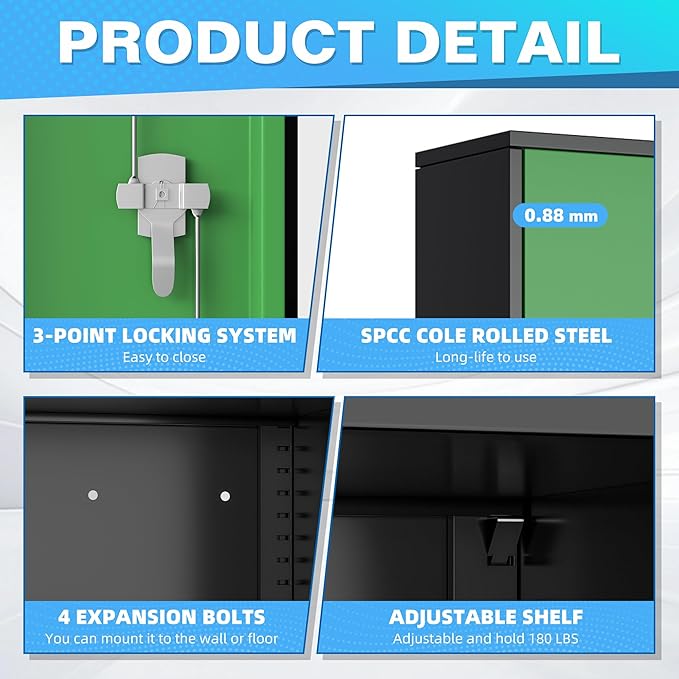 Bonusall Mental Garage Cabinets with 2 Doors and 4 Shelves, Locking Cabinet with for Tool，Steel Garage Storage Cabinets for Home Office, Warehouse，School(Black Green)