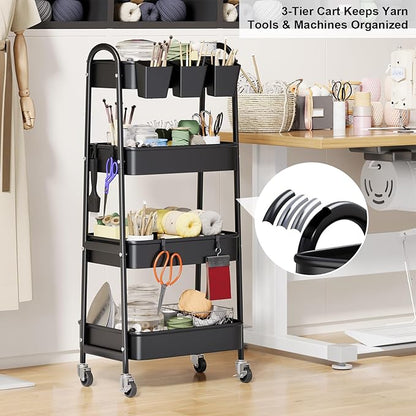 Black 4 Tier Rolling Cart Metal with Lockable Wheels, Four Tiered Tall Storage Rolling Cart on Wheels, Heavy Duty Utility Organizer Carts for Laundry, Kitchen, Dorm, Craft, Art, Snack,Mesh Basket,38in