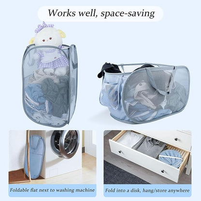 Extra Large Mesh Pop Up Laundry Hamper 2 Pack, 100L Foldable Laundry Baskets, Dirty Clothes Hamper with Pocket, Collapsible Hampers for Travel, Dorm or Home. Grey H+V