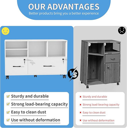 2 Drawer Wood Mobile Large Lateral File Cabinet, Lockable Rolling Filing Cabinet with Storage Shelves, Printer Stand Office Storage Cabinet for Home Office Fits Files Legal/A4, White