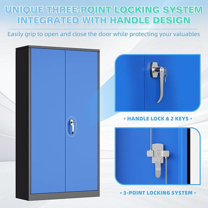 Bonusall Mental Garage Cabinets with 2 Doors and 4 Shelves, Locking Cabinet with for Storage，Steel Garage Storage Cabinets for Home Office, Warehouse，School(Black Blue)