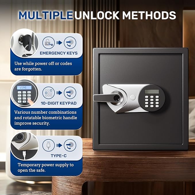 BlackSmith 1.8 Cubic Feet Biometric Safe Box Quick Access Fingerprint Handgun Safe Home Security Safe for Money Firearm Valuables with Removable Shelf Dual Alarm System Fireproof Bag