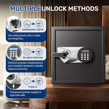 BlackSmith 1.8 Cubic Feet Biometric Safe Box Quick Access Fingerprint Handgun Safe Home Security Safe for Money Firearm Valuables with Removable Shelf Dual Alarm System Fireproof Bag