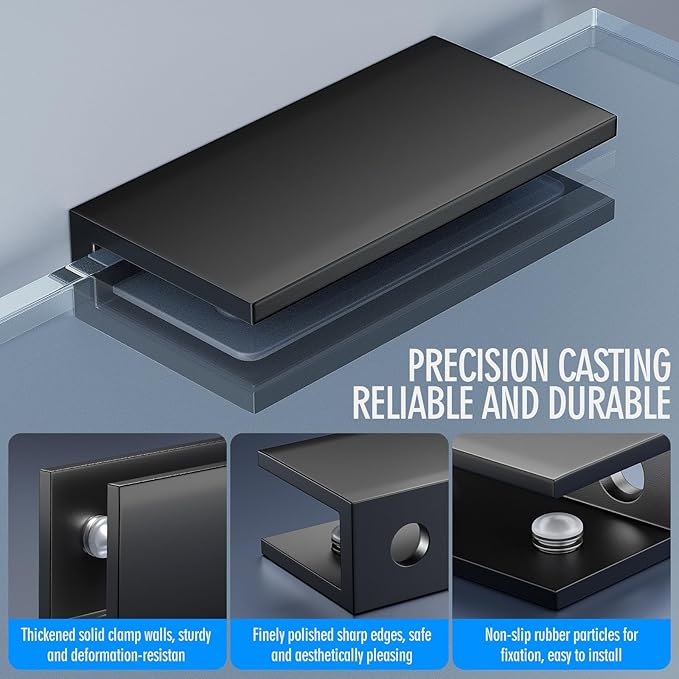 Ranbo 2 Pcs Frameless Glass Clamp Brackets for Shelf and Shower, Heavy Duty Wall Mount Rectangular Holders for 1/4" to 1/2" Panels, Matte Black Finish Hardware