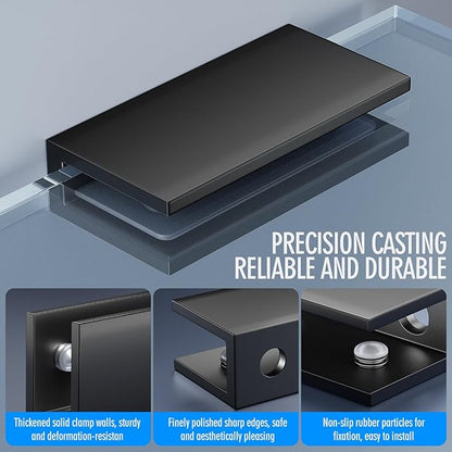 Ranbo 2 Pcs Frameless Glass Clamp Brackets for Shelf and Shower, Heavy Duty Wall Mount Rectangular Holders for 1/4" to 1/2" Panels, Matte Black Finish Hardware