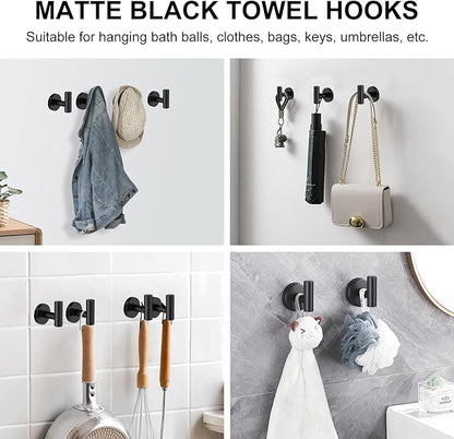 SetSail Towel Hooks for Bathrooms 2 Packs Screw-in Matte Black Bathroom Towel Hook Wall Mounted Stainless Steel Shower Towel Hooks for Coat Hanging, Drilling Hole
