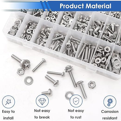 smseace 730Pcs 304 Stainless Steel Machine Screws Assortment Kit#10-24#8-32#6-32#4-40 Phillips Pan Head Assorted Nuts and Bolts for Machinery, Furniture, Automotive, Motorcycle Repairs