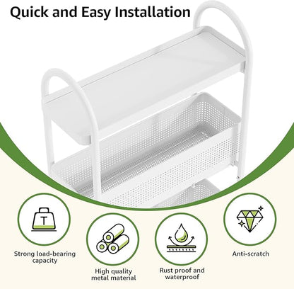 KINGRACK 5-Tier Slim Storage Cart with Pull Out Basket, Rolling Bathroom Organizer Utility, Metal Shelving Unit Slide Out, Lockable Wheels, Easy Assembly for Narrow Place, Kitchen, Laundry Room, White