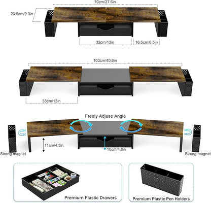 Spacrea Metal Desk Organizers and Accessories, Dual Monitor Stand Riser with Drawer and 2 Pen Holders, Desk Accessories & Workspace Desktop Organizers for Office Supplies (Wood)