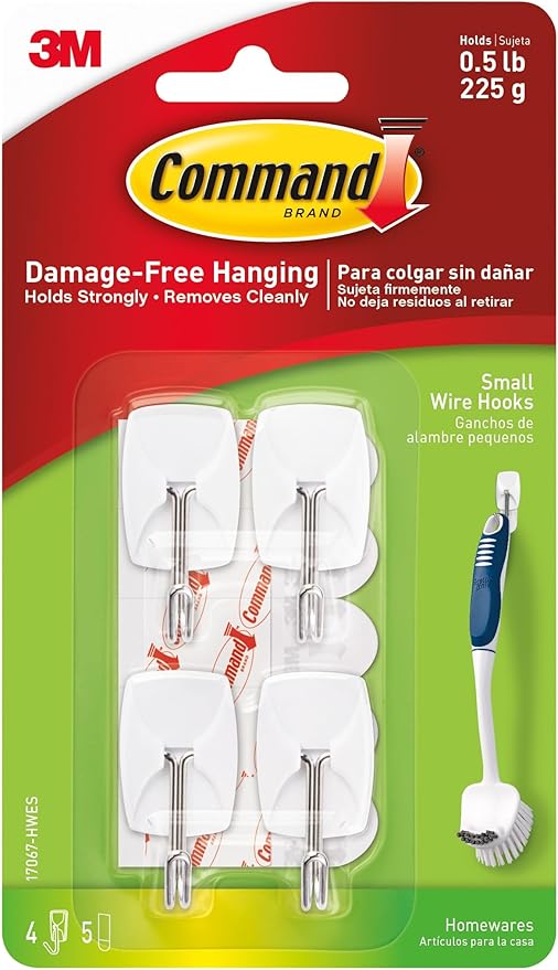 Command Small Wire Toggle Hooks, 4 Hooks and 5 Strips, Damage-Free Hanging Wall Hook with Adhesive, No Tools Required, Great for Home, Kitchen, and Office Organization, Holds up to 0.5 lb